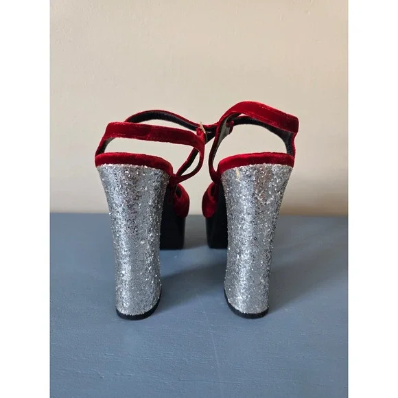 Saint Laurent Paris Red Velvet Platform Heels Glitter Heel Sandals EU 39 - Picture 2 of 6